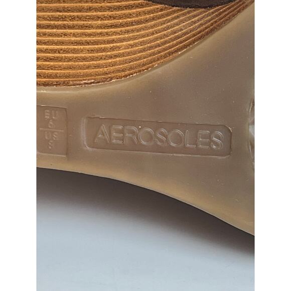 Aerosoles Sleigh Thread Peep Toe Brown Leather Wedge Heels - 8 - Picture 6 of 8